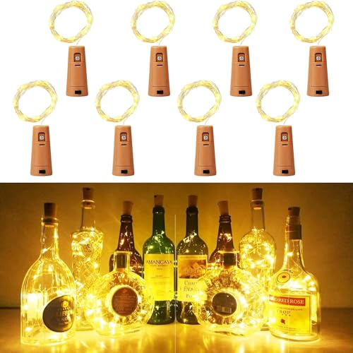 Wine Bottle Lights with Cork 8 Pcs Warm White Fairy Lights Battery Operated | 2m 20 LED Flexible Copper Wire Lights for Bottles Perfect for Party, Wedding, Christmas DIY Indoor/Outdoor Table Decoration