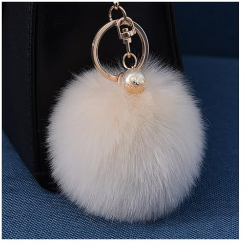 Wisafory Schlüsselanhänger Pom Pom mit Gold Perle Flauschigen Kunstfell Schlüsselbund Taschenanhänger Taschen Koffer Rucksäcke Zubehör Schlüsselring Handy Charme für Frauen Beige