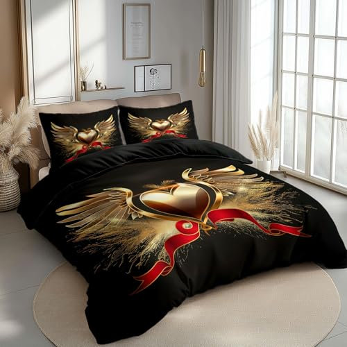 Copripiumino reversibile 250 x 200 cm, Semplice Ali Amore Cuore Set copripiumino in microfibra con 2 federe 50x75 cm Nero Set biancheria da letto stampato con cerniera