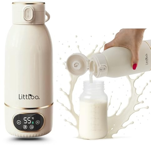 LittLoo Chauffe Biberon Sans Fil Portable, 500ml, Nomade USB-C, Température Réglable 35-65°C, Pasteurisation, Inox SUS316 Sans BPA, Autonomie 8 Biberons, Voyage Voiture Nuit, Lait Maternel