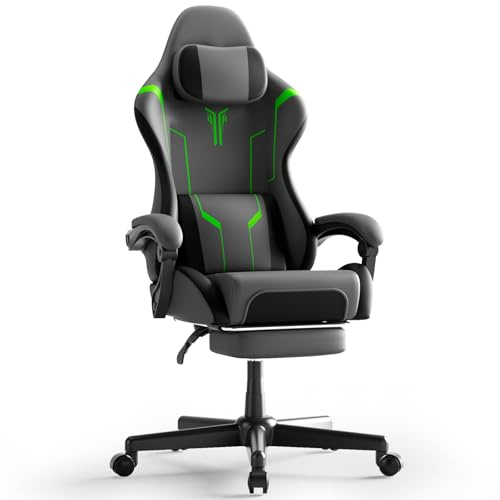 Gaming Stuhl mit Lendenkissen, Ergonomischer Bürostuhl Verstellbare Rückenlehne, Verdicktes Kissen, Robustes Gaming Sessel Ausziehbare Fußstütze, PC-Stuhl Linkage Armlehnen 360° Drehbar, Grau