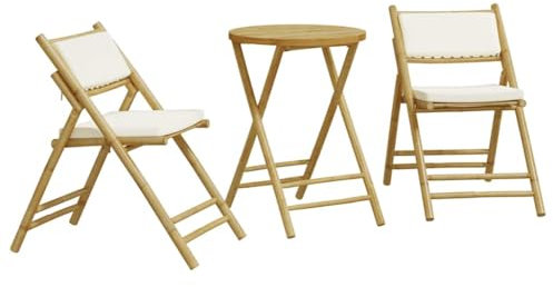 Klappbares 3-TLG. Bistro-Set aus Bambus mit cremeweißen Kissen – Perfekt für Balkon, Terrasse oder Garten – Leicht, langlebig und umweltfreundlich