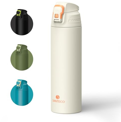 SANTECO Trinkflasche mit Leckage-Sicherheitssperre, Thermosflasche Edelstahl 1l BPA-Frei, Isolierflasche mit Tragebeutel, Wasserflasche Spülmaschinenfest für Reisen Camping Grau