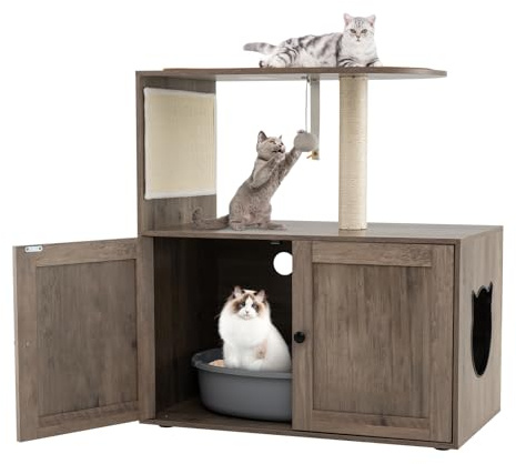 COSTWAY Cat Tree with Litter Box Enclosure, 2 in 1 Cats House with Sisal Scratching Post & Mat, Dangling Ball, Wooden Cat Tower Hidden Kitty Washroom