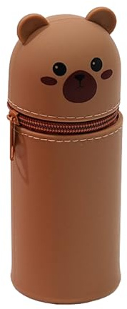 2 in 1 Silikon Braunbär Federmäppchen CHUNLINLAODA-2 in 1 Weiche Braunbär Silikontasche Kawaii Federmäppchen Federmappe und Stiftehalter Mäppchen Tiere Schlampermäppchen für Mädchen und Jungen (Braun)