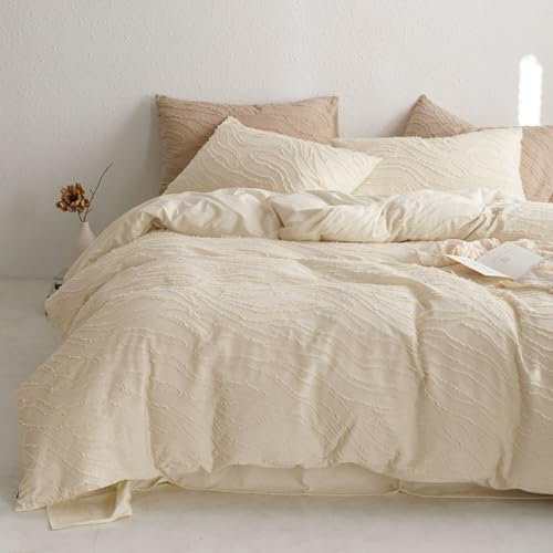 Freyamy Boho Bettwäsche 135x200cm 2teilig Beige Getuftet Böhmen Bettwäsche Stickerei Shabby Chic Bohemian Bettwaren-Sets 100% Microfaser Bettbezug mit Reißverschluss und Kissenbezug 80x80cm