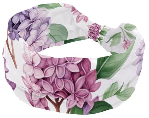 Bandeaux larges élastiques pour femme, fleurs lilas et feuilles vertes pour le yoga, l'entraînement, le lavage du visage et le maquillage