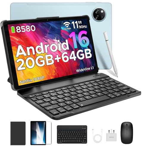 DOOGEE TAB A9+ 2025 Newest Android 16 Tablet with Gemini AI, 11 Inch 8580mAh Tablet With Keyboard, T7200 Octa Core Android Tablets, 20GB+64GB / 2TB Tablets With Pen, 13+5MP, 2 Speakers, Mouse & Case