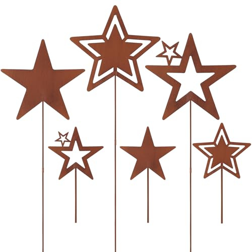Otuuz 6er Set Weihnachten Sterne Rost Gartenstecker 3 Große 60 cm Hoch 3 Kleine 18 cm Hoch Advent Rostige Gartendeko Outdoor Metall Roststecker für Terrasse Blumentopf Grabschmuck Wetterfest