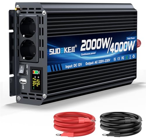 Wechselrichter 12V 230V 2000W/4000W Spannungswandler Modifizierte Sinus Sine Wave Inverter mit 2 AC Steckdose und USB und Type-C Port für Auto Wohnmobil Fahrzeuge