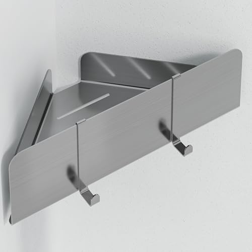 Dolvhin Duschablage ohne Bohren Ecke | Edelstahl Eckregal Dusche | Duschregal Ecke mit Ablaufrillen | Eck-Duschkorb zum Kleben | Badregal Selbstklebend | Bad Wandregal & 2 Haken | Silber Grau