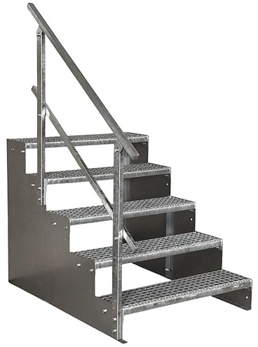 SRM Design 5 Stufen Standtreppe Wangentreppe Gitterrosttreppe Außentreppe Industrietreppe Modell 2 verzinkt Tritthöhe 18 cm, Breite 70 cm, Höhe 90 cm 1x Geländer