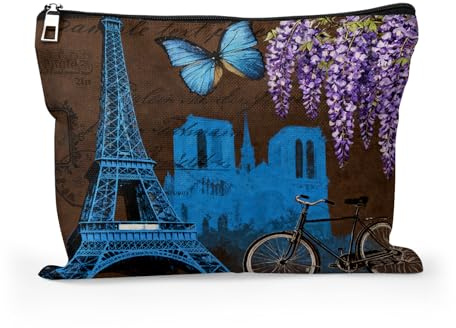 Cafl Makeup Bag Travel Essentials Jewelry Organize Cosmetics Bag Skincare Toiletry Pouch Zipper Women-10×8 inch, Eiffel Tower Vintage Wisteria