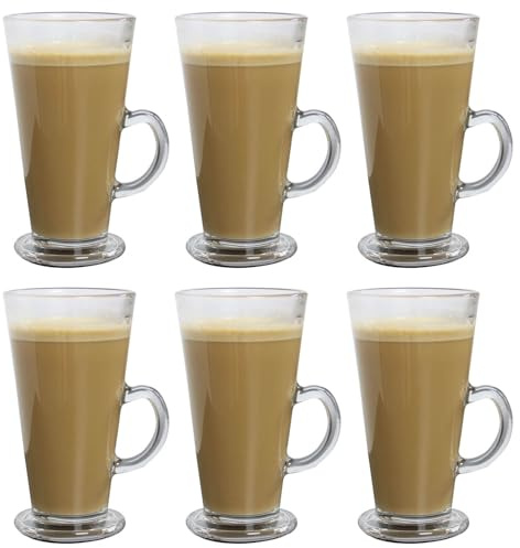 UNIQUE HOME LIVING Latte Glasses Tea & Coffee Cups Set of 6, 250ml Heat Resistant Hot Drink Cafe Mugs with Handle, Ideal for Milk Juice Ice Cream Latte, Cappuccino, Espresso and Hot Chocolate