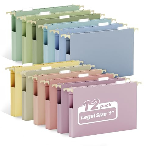 Ansook Hängemappen in Rechtsgröße, extra Kapazität, strapazierfähig, 2,5 cm, erweiterbare Aktenordner mit Reitern, 12 Stück, pastellfarbene Kunststoff-Hängemappen für Aktenschrank