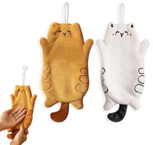 Dermalyx 2 Stück Niedliche Katzen Handtücher, Weiche Geschirrtücher aus Baumwolle, Absorbierende Küchenhandtücher, Schöne Handtücher für Küche und Badezimmer 25 * 15 cm