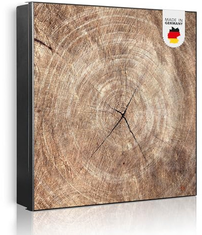 banjado Großer Schlüsselkasten Metall - Schlüsselbox 30x30cm beschreibbarer mit 32 Haken - Schlüsselkasten modern für Schlüsselaufbewahrung - Korpus Schwarz Scharnier Links - Motiv Holzkreis mit Risse