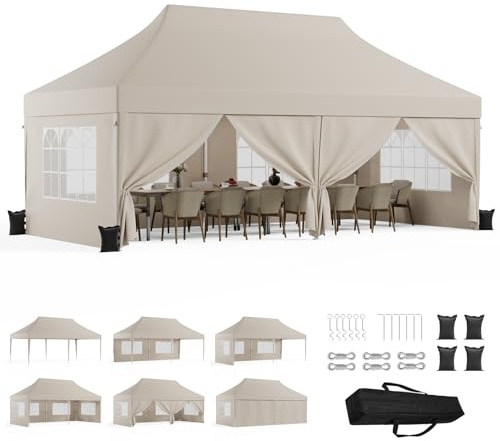TRIUMPHKEY Pavillon 3x6 Wasserdicht Stabil Winterfest mit 6 Seitenwänden， Faltpavillon Höhe Verstellbar， Gartenpavillon für Hochzeiten, Freien, Garten, Party，Beige