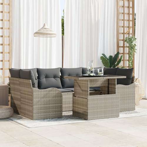 IBUQDDV 7-teiliges Garten Sofa Set mit Kissen in Hellgrau und Beige aus Wetterfestem Poly Rattan, Modulares Loungemöbel für Terrasse und Balkon, Bequeme Polsterauflagen, Flexibles