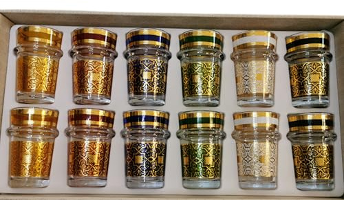 Générique Lot de 12 Verres à Thé Marocain Traditionnel, Multicolore avec Motif Oriental et Bande Dorée, Verre Transparent, 150ml