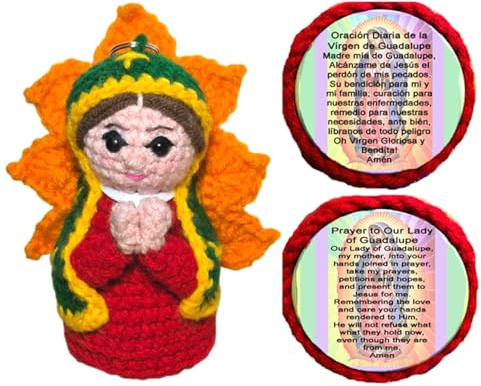 Virgin of Guadalupe amigurumi Handmade Crochet Doll Keychain, with Bilingual Prayer Card, Car Ornament, Room Decoration, 5.5x4x3.5 Inches