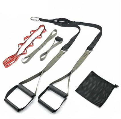 KiBcsLic Equipo de Entrenamiento en Suspensión Longitud Ajustable Cintas de Entrenamiento en Suspensión Uso Interior y Exterior para Viaje , Verde Militar+Negro