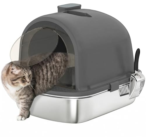 PawHut Maison de Toilette pour Chat Charge 5kg 52,4x41,3x39,9cm Gris Foncé | Bac à Litière Fermé, Bac en Acier Inoxydable, Anti-fuites, Nettoyage Facile, Sac Désodorisant Inclus