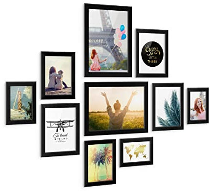 PHOTOLINI Bilderrahmen Set Schwarz, Fotorahmen Holz MDF, 10er Bilderrahmenset Wand Collage, photo frames for wall mit Acrylglas aufhängen, schwarze Bilderrahmen Set verschiedene Größen mit Zubehör