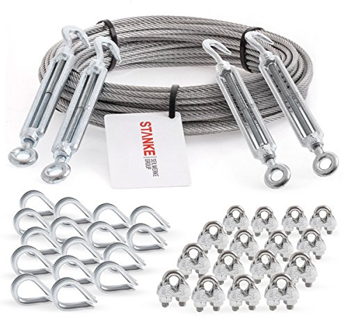 Seilwerk STANKE Rankhilfe Drahtseil verzinkt 5m Stahlseil 3mm 6x7, 4x Spannschloss M5 Haken+Öse, 16x Kausche, 16x Bügelformklemme - SET 6