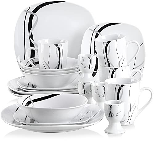 VEWEET 'Fiona' 20-Piece Dinner Set, Black Lines Porcelain Dinnerware Set, Ivory White Combination Sets with 4 * Egg Cup, 4 * Mug, 4 * Bowl, 4 * Dessert Plate, 4 * Dinner Plate, Service for 6