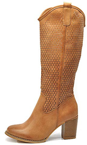 IF Stivali Donna Camperos Trafomati al Ginocchio, Stivali Texani Estivi Effetto Pelle con Tacco Largo, Punta Tonda, Gambale Laser Cut, Stivali Western Cowboy Casual G627 camel N.40