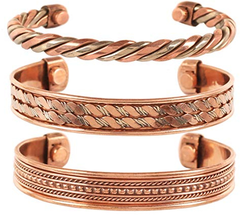 Touchstone Bracelet magnétique en cuivre de style tibétain. Forgé à la main avec du cuivre pur solide et de haute qualité. Ensemble de 3 modèles différents avec 3 nuances de métal.