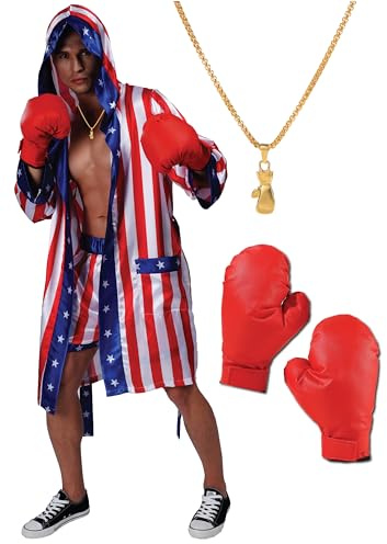 Maxim Party Supplies Erwachsenenkostüm mit amerikanischer Flagge, Satin, mit Robe, Halskette, Boxhandschuhen und Shorts für Herren