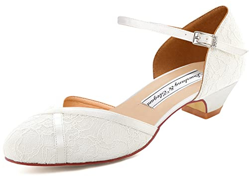 Duosheng & Elegant HC2023 Komfort Runde Zehen Krauze Bände Niedriger Absatz Flache Lace Satin Hochzeitsschuhe Brautschuhe Ivory Gr. 40