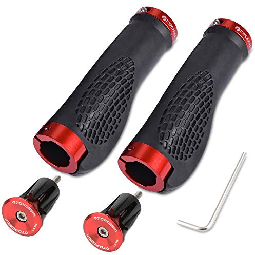 TOPCABIN Ergonomic Bike Grips - Widen Holding Rubber with Aluminum LockGrips for Mountain Road MTB (Aluminum Lock Plug+Grips) Red 1 Pair