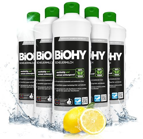 BiOHY Crème à récurer (6 x 1l Bouteille) | élimine sans effort les résidus alimentaires brûlés | nettoyage en sans rayer | pour la céramique et l'acier inoxydable (Scheuermilch)