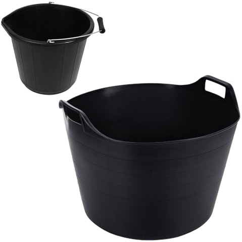 Set of 2 Strong Plastic Builders Bucket 3 Gallon Water Storage Bucket with Handle and 75 Litre Heavy Duty Large Garden Home Flexible Storage Container Polyethylene Flexi Tub in Black