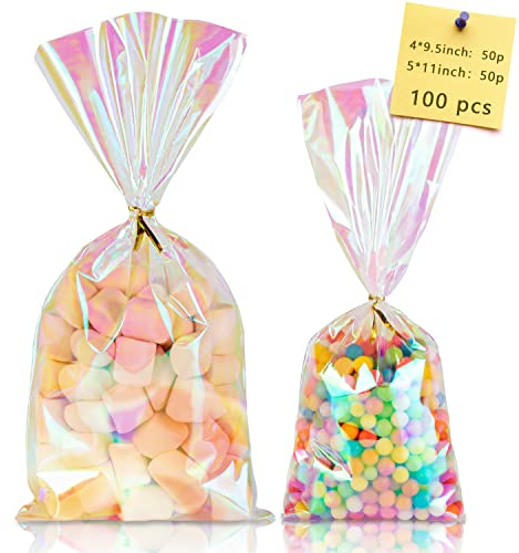 Labeol 100 schillernde Zellophantüten 511 49,5 mit Bändern – transparente holografische Geschenk- und Süßigkeitentüten für Geburtstag, Hochzeit, Ostern, Weihnachten, Valentinstag