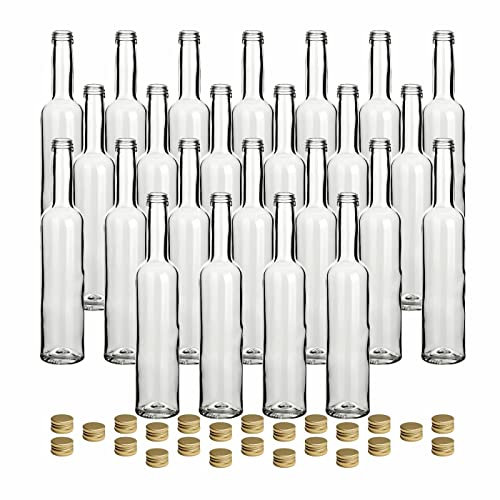 gouveo 24er Set Glasflaschen 350 ml Bordeaux mit Schraubverschluss goldfarben - Runde Flasche aus Glas mit Deckel - Leere Schraubflasche für Limonade, Saft, Wein (FBR350G)