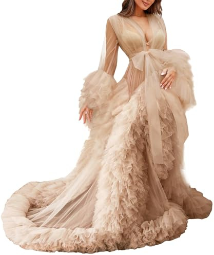 MAYILNSIN Robe en tulle pour femme - Robe de maternité - Kimono - Peignoir - Robe de grossesse - Photographie pour la douche de bébé, nude, S