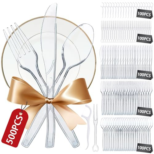 300PCS Couverts, cuillères, fourchettes et couteaux en plastique, fête, réutilisables, 100 chacun