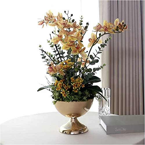 HRTC Eleganter künstlicher Phalaenopsis-Blumen-Blumentopf mit Goldener Vase, künstliche Orchideen, große künstliche Blumen-Dekoration