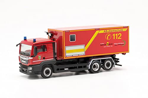 Herpa Feuerwehr Modellauto MAN TGS Wechsellader-LKW „Feuerwehr Frechen“, originalgetreu im Maßstab 1:87, Auto Modell für Diorama, Modellbau Sammlerstück, Deko Miniaturmodelle aus Kunststoff