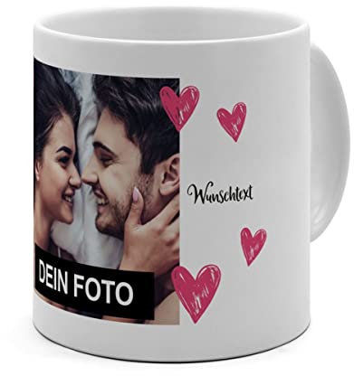 PhotoFancy® - XL Tasse 'Herzen'- Personalisierte Fototasse mit eigenem Foto und Text - Große Tasse selbst gestalten - Jumbo-Becher XL 500 ml - Layout Herzen
