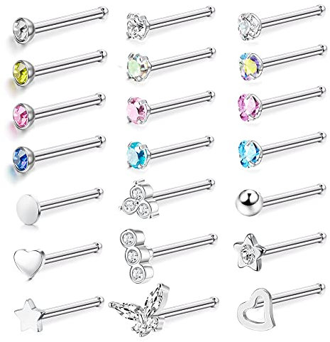 JeweBella 21 Stück 20G Nasenpiercing Steck 316L Chirurgenstahl Nostril Piercing Stecker L-Form/I-Form/S-Form Nasenstecker Silber Piercing Nase Nasenpiercing Set Nasenpiercing Schmuck für Damen