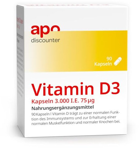 apodiscounter Vitamin D3 3.000 I.E. (75µg) I 90 Kapseln I Unterstützt Knochen, Muskeln & Immunsystem* I vegetarisch, lactosefrei, glutenfrei I ideale Vitamin-D-Versorgung