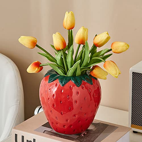 Vase en Céramique à la Fraise, Joli Vase à Fleur de Fraise, Pot de Fleur en Forme de Fruit, Vase en Céramique Vintage pour Fleurs, Jardinière Décorative de Fraise, Récipient Assorti en Forme(S)