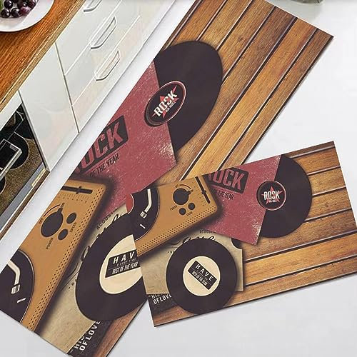EKSED Küchenteppiche 2 Stück, Rutschfestes Küchenmatten,Player Vinyl Style Disco Dj Schallplatte auf 80er Holzansi,Wasser aufnehmen KüchenMatt Fußmatte Teppich Set, Fußmatte für Drinnen,40x60+40x120cm