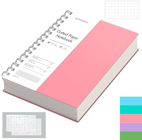 EMSHOI Notebook A5 Bullet Dotted Journal, 300 Pages/150 Sheets, 100gsm Dot Grid Paper, Waterproof Hardcover, Spiral Wirebound Notepad for Women Men Office School Work Writing, 14.5 x 21cm, Pink