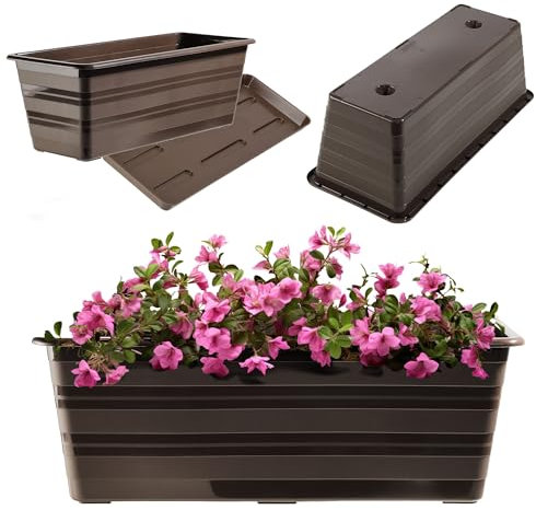 KADAX Macetero para balcón, de plástico, resistente a la intemperie, maceta, barandilla para el cultivo de flores y hierbas (40 cm con platillo, marrón)